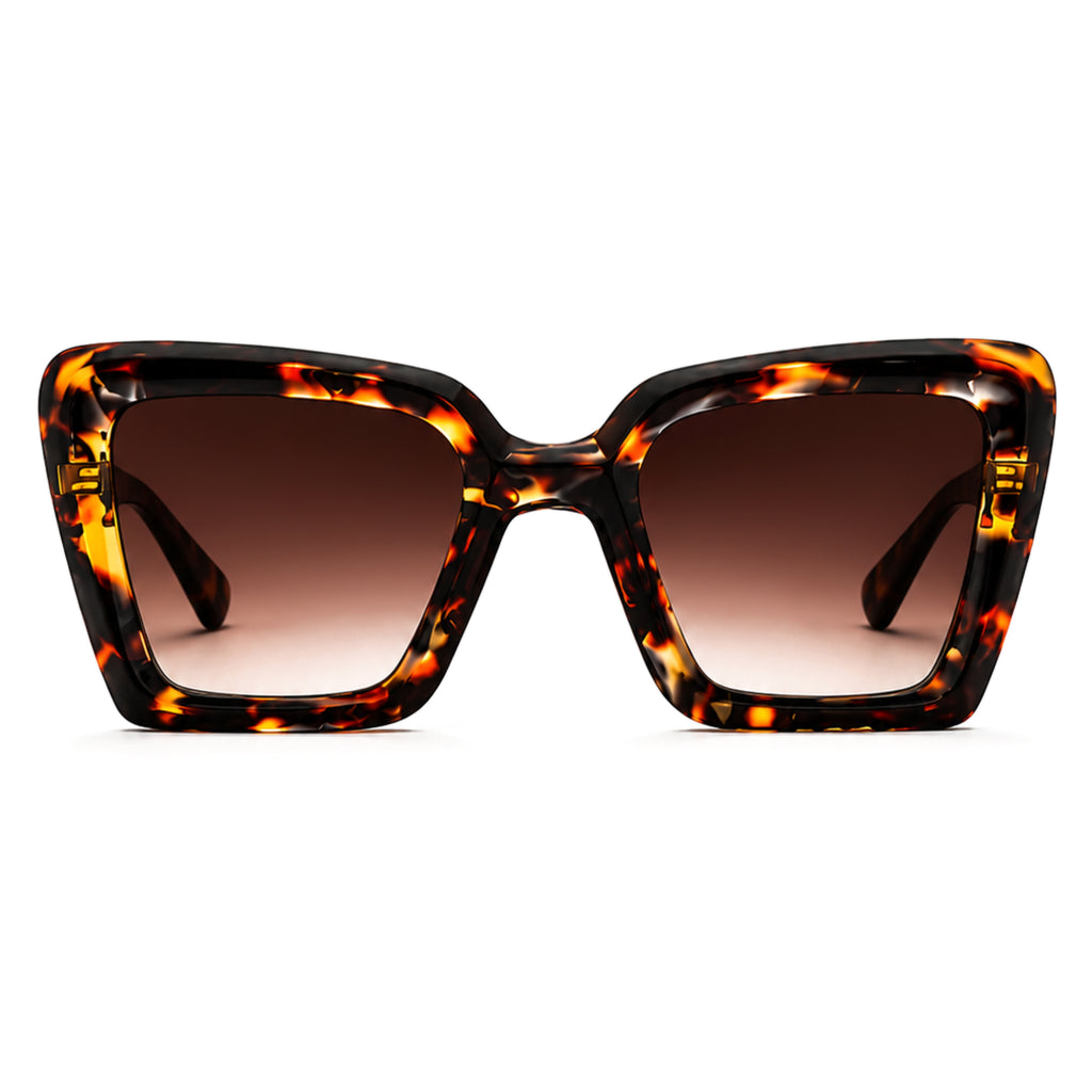 Tortoise chunky square sunglasses angled view with gold rivet hinge