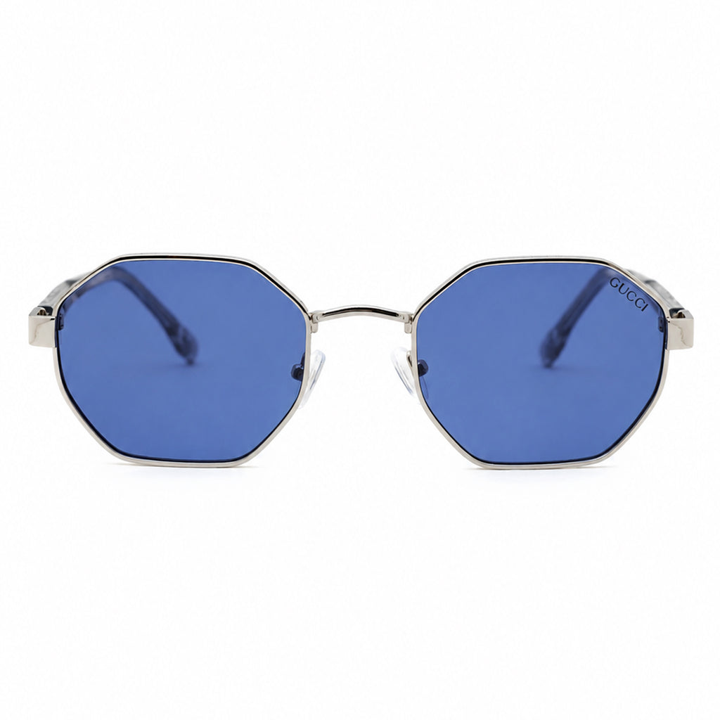 Silver Octagonal Sunglasses with Blue Lenses & Arrow Hinge