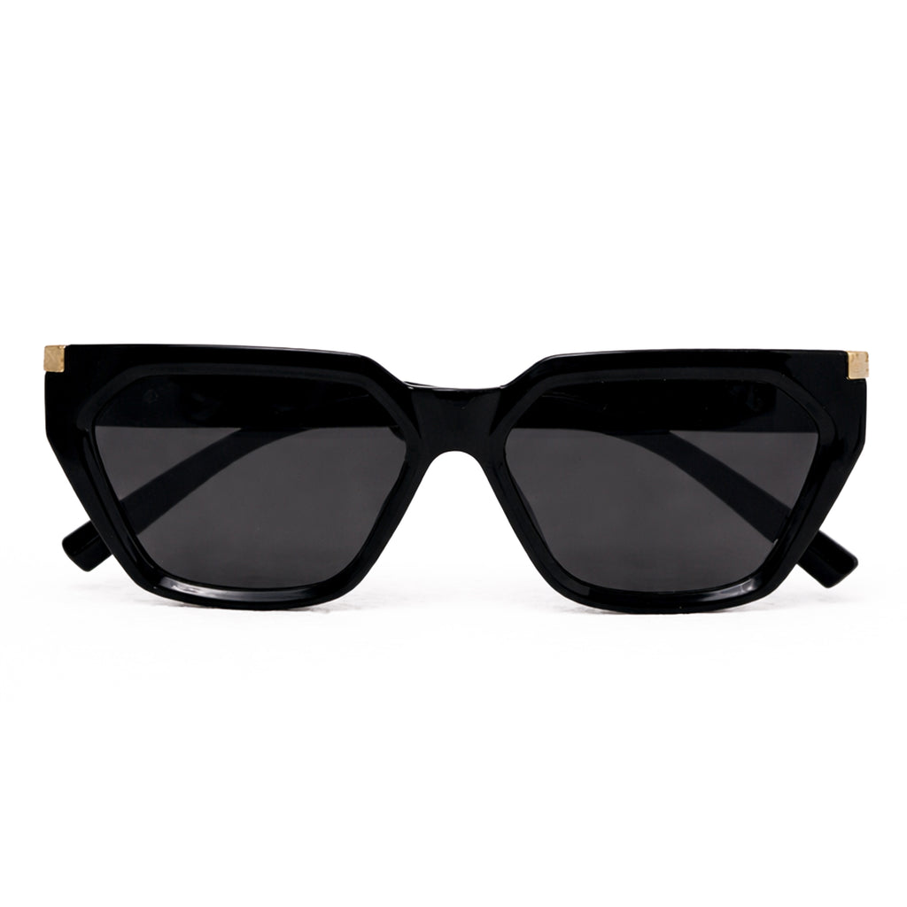 Black Angular Cat-Eye Sunglasses with Gold Hinge