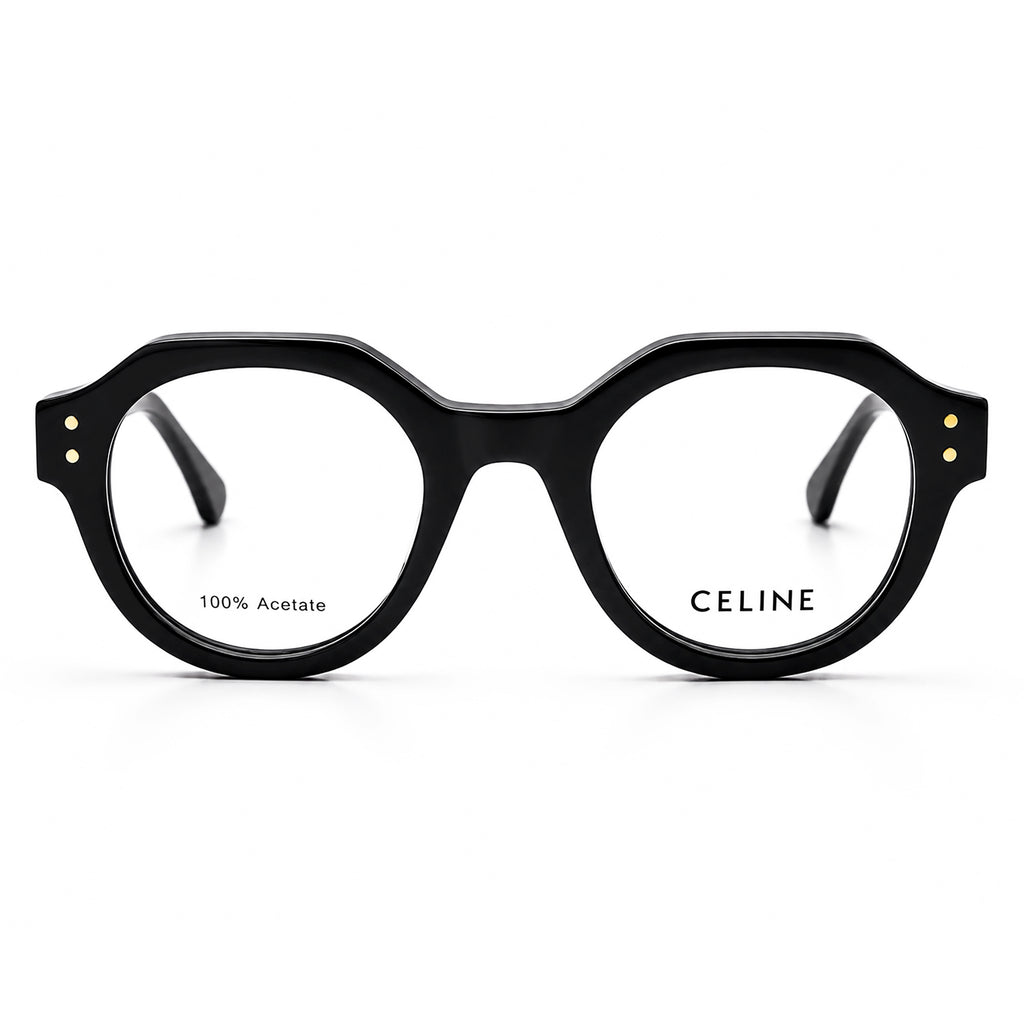 Black geometric round optical frames front view with gold studs