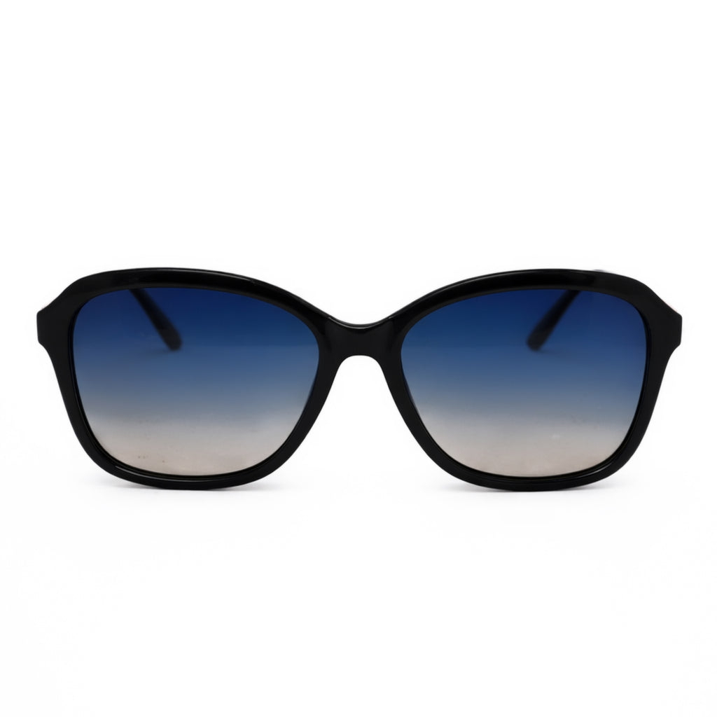 Black Oversized Square Sunglasses with Gold Temples & Blue Gradient Lenses for Women