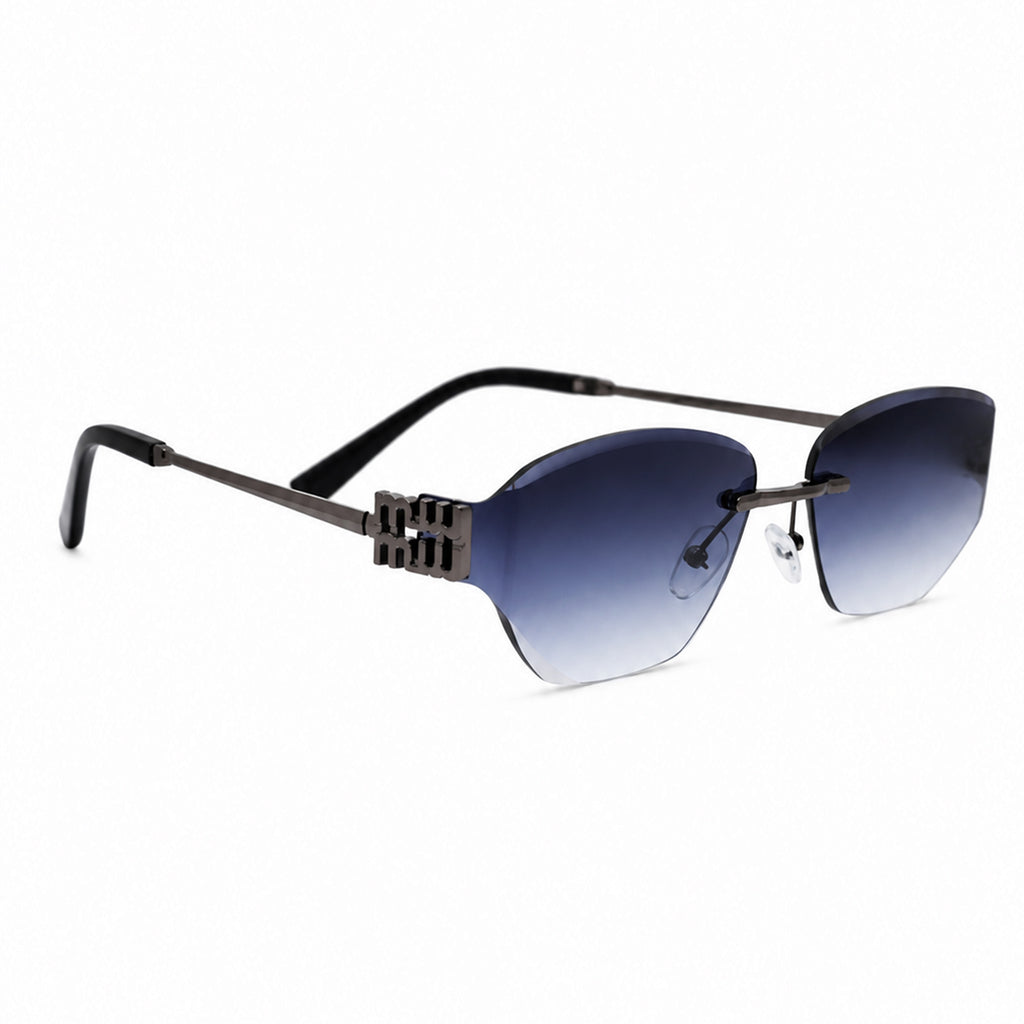 Rimless Cat-Eye Sunglasses with Gunmetal Frame & Blue Gradient Lenses