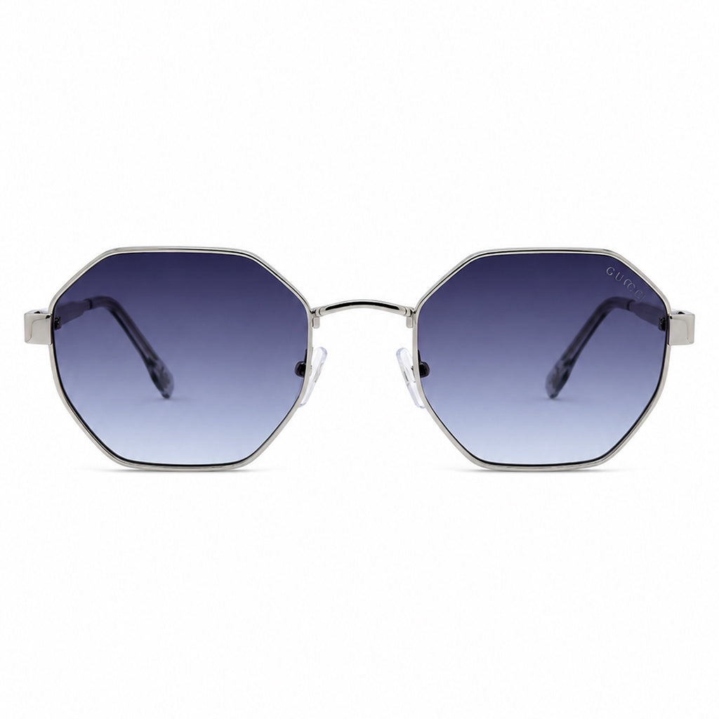 Silver Octagonal Sunglasses with Crystal Temples & Blue Gradient Lenses