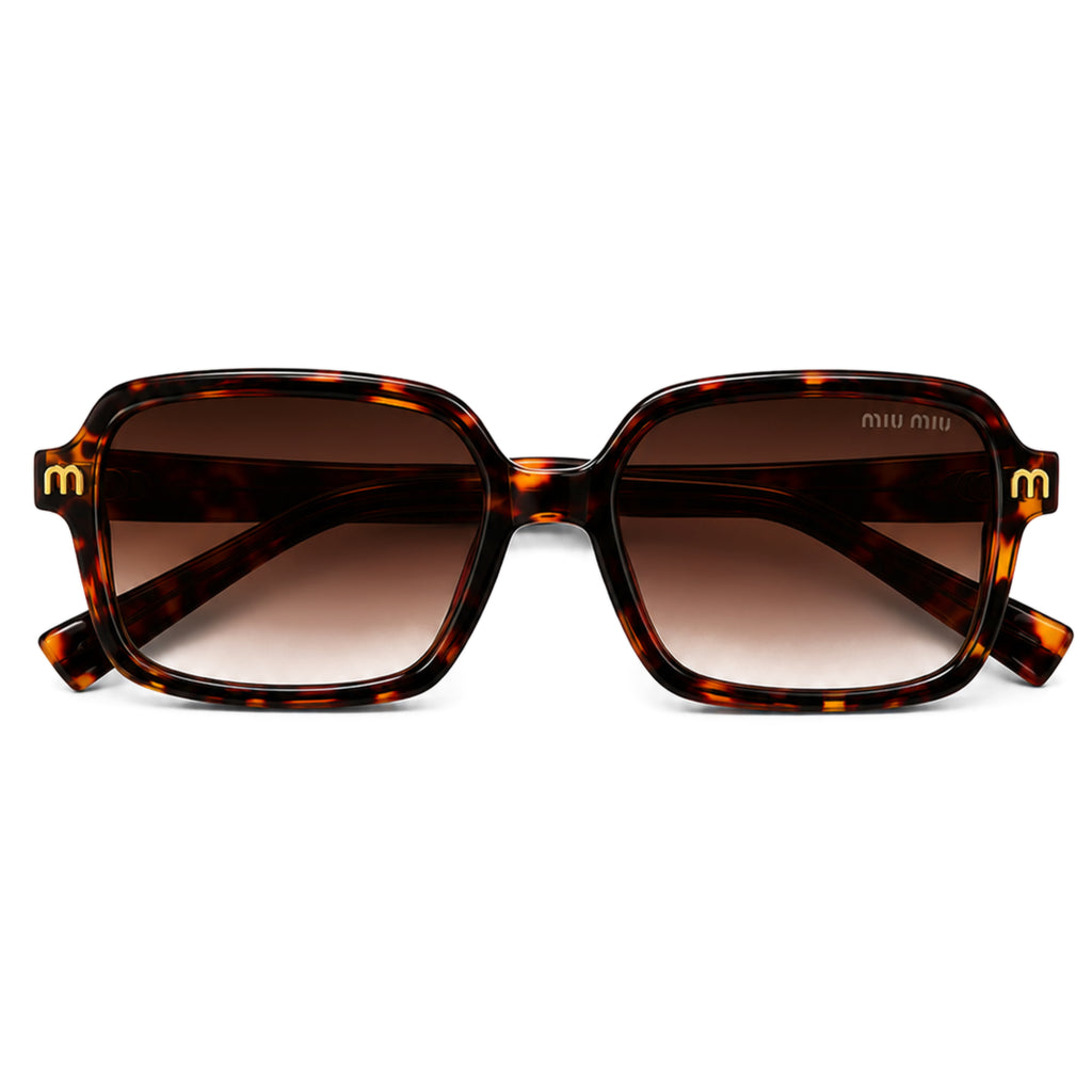 Tortoise oversized square sunglasses angled view with gold Miu Miu logo
