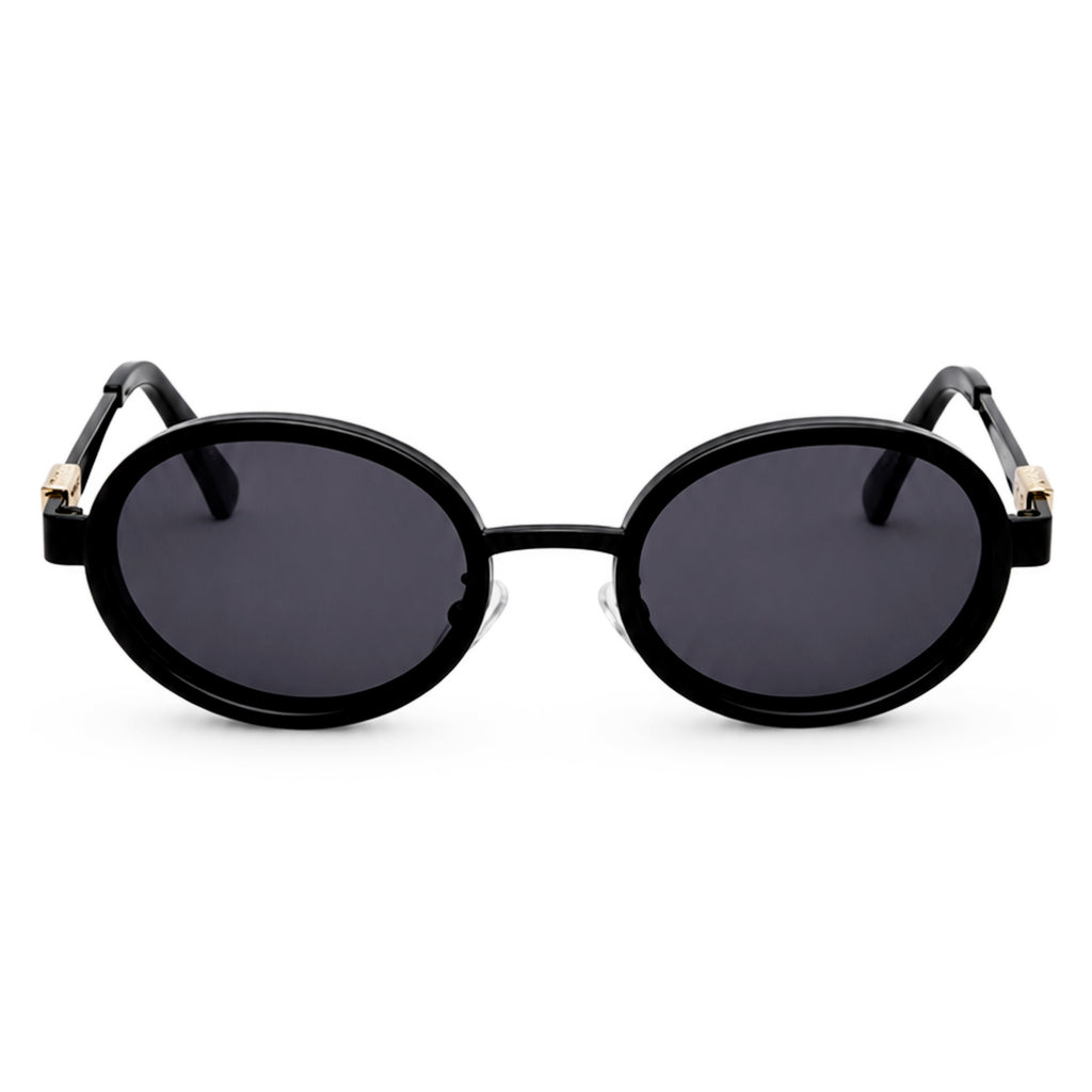 Black round sunglasses front view with gold Triomphe logo
