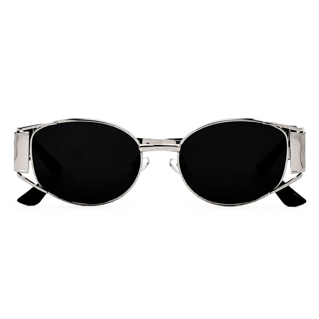 Silver oval sunglasses front view with black lenses