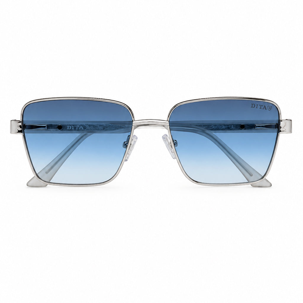 Silver Metal Square Sunglasses with Engraved Temple & Blue Gradient Lenses