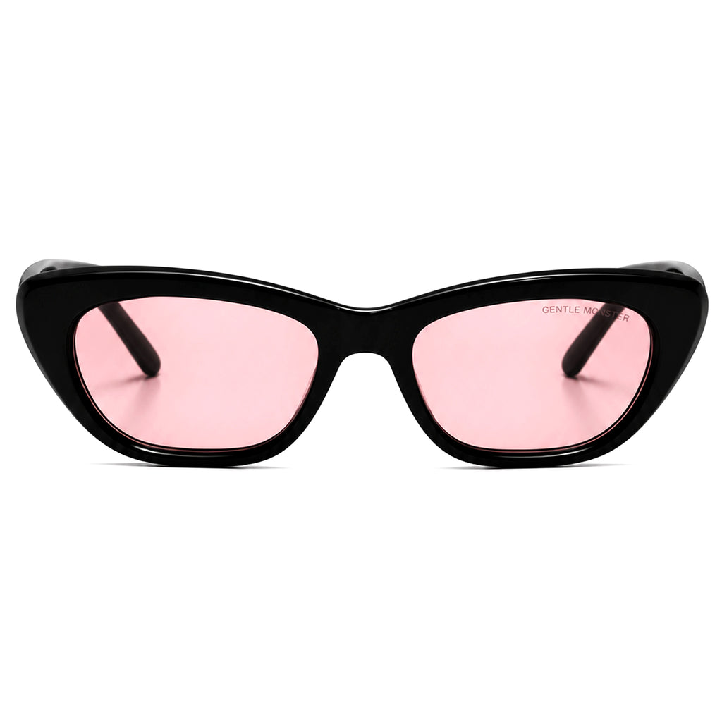 Black cat-eye sunglasses with pink lenses side profile view
