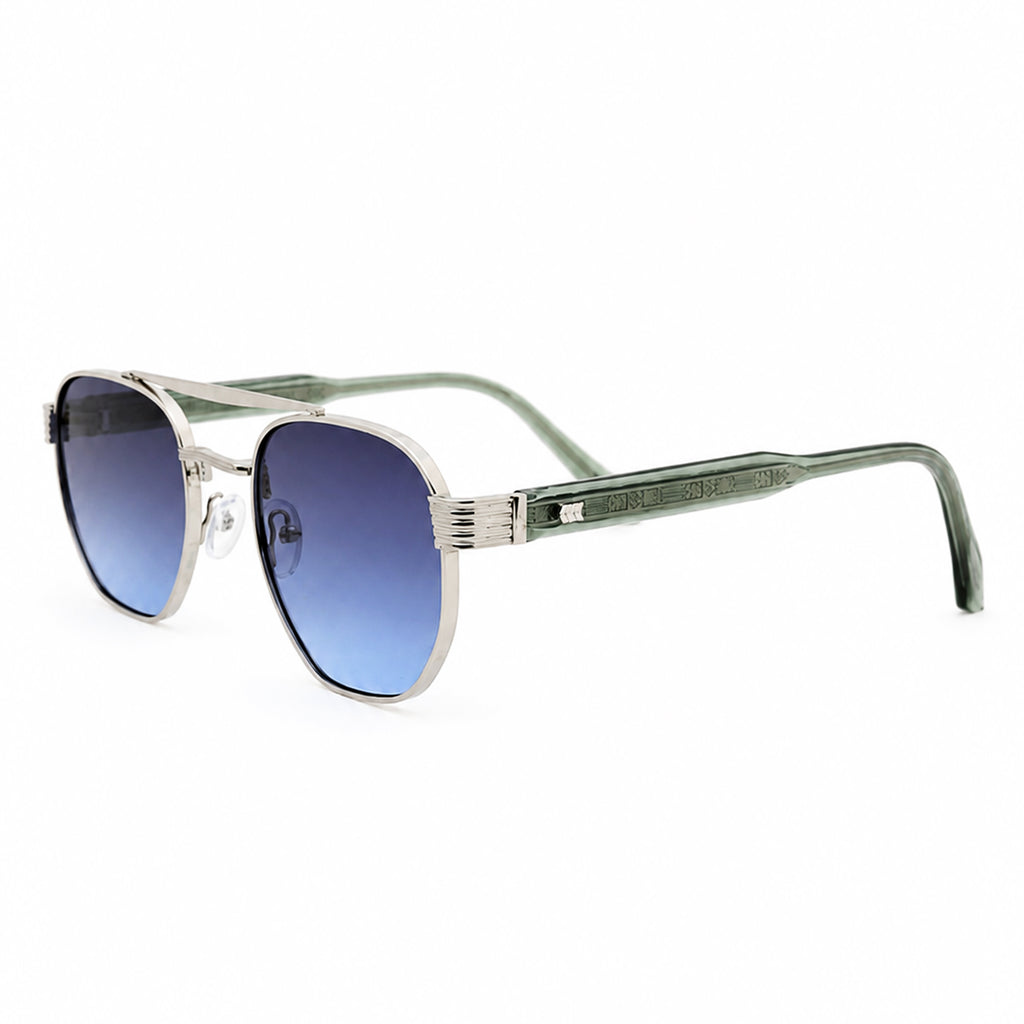 Silver Square Aviator Sunglasses with Green Temples & Blue Gradient Lenses