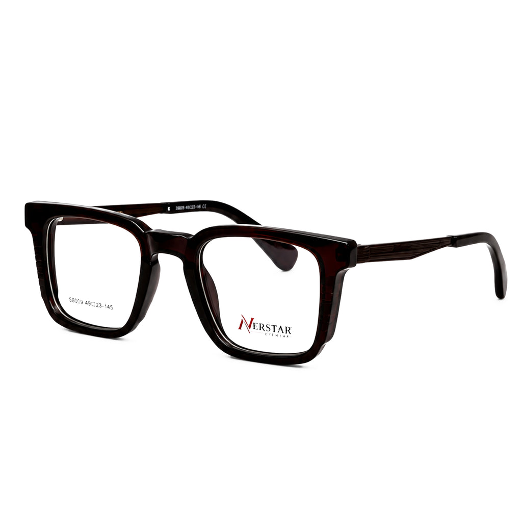 Dark brown bold square optical frames angled view