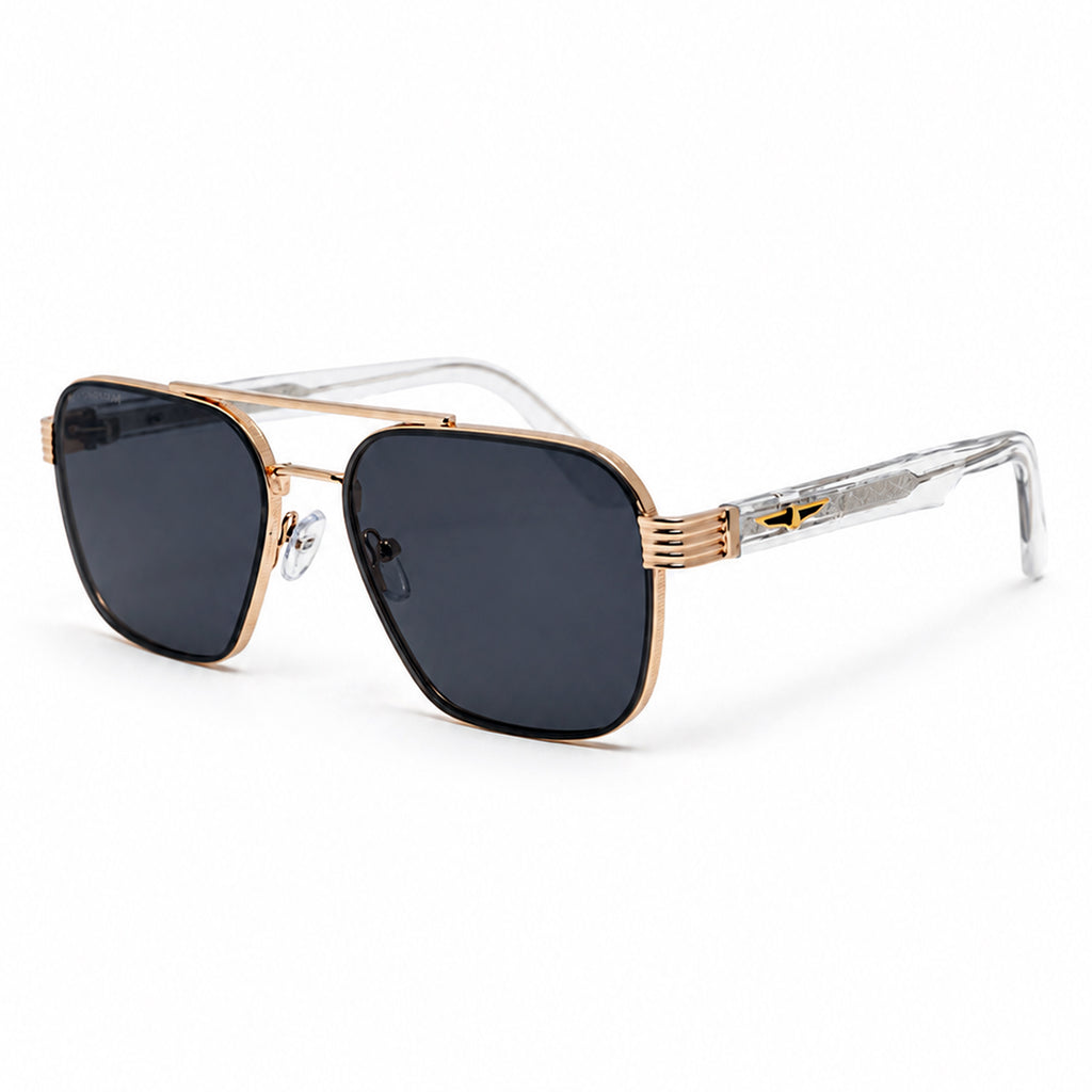 Gold & Black Square Aviator Sunglasses with Crystal Temples & Smoke Lenses