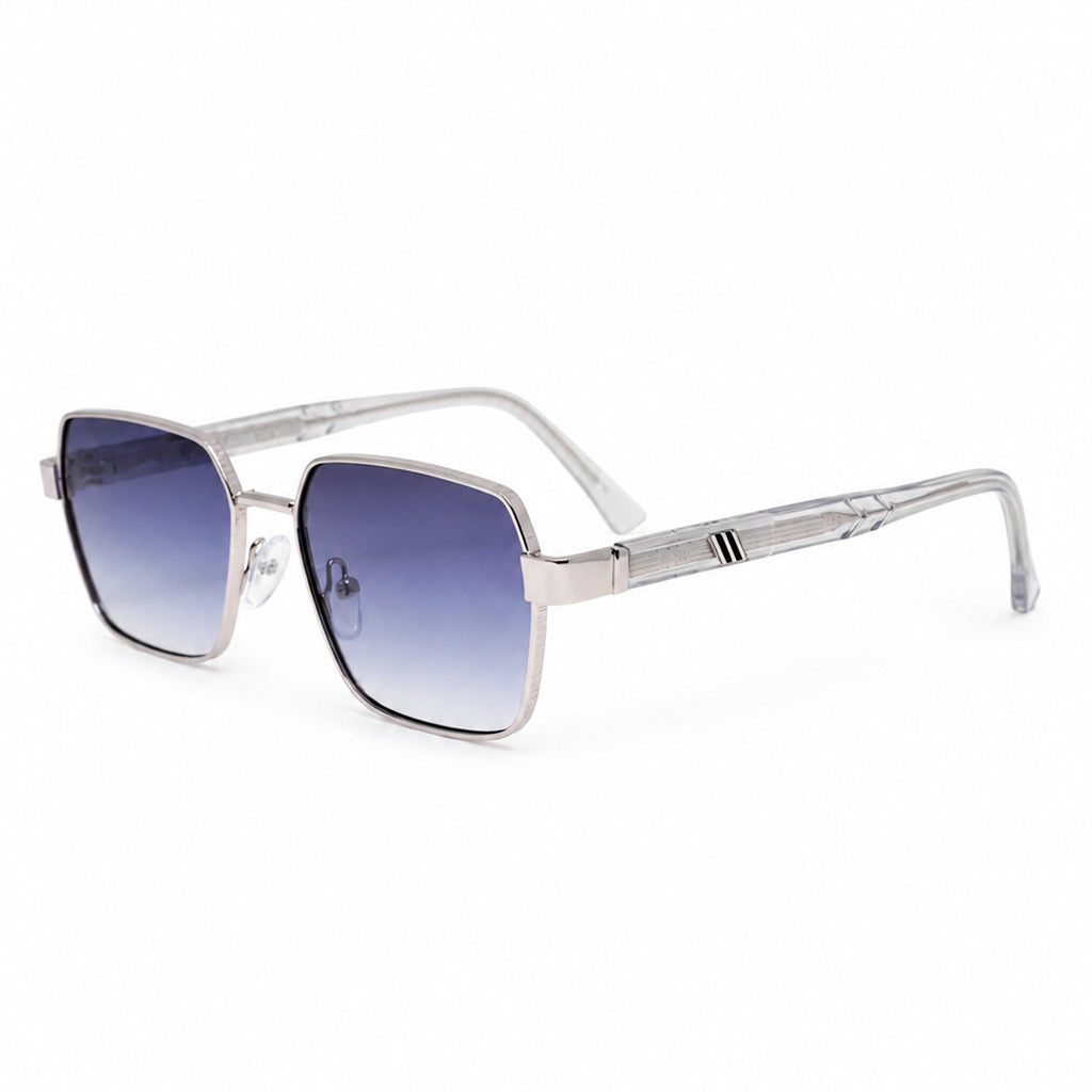 Silver Metal Square Sunglasses with Crystal Temples & Blue Gradient Lenses